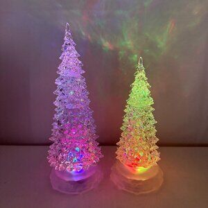 Acrylic Christmas Light Up Tree Holiday Lot Of 2 11" & 9" Tested and Works
